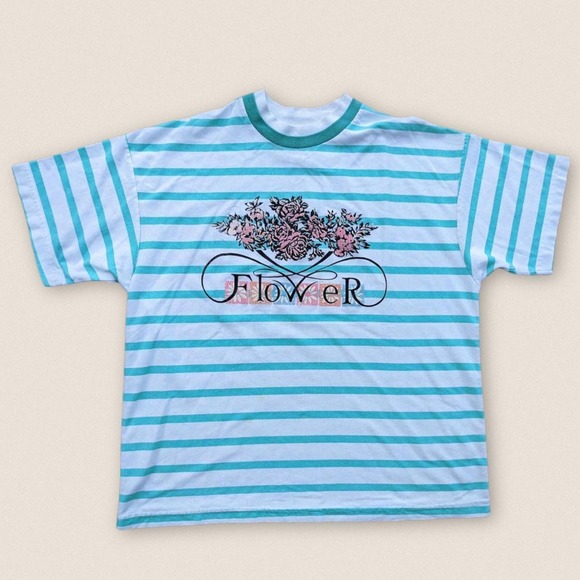 Vintage 90s Striped Flower essential t-shirt tee - Picture 1 of 4